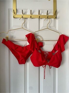 Salt & Sunshine Red Ruffled Lace-Up Back Bikini Set - Sz L